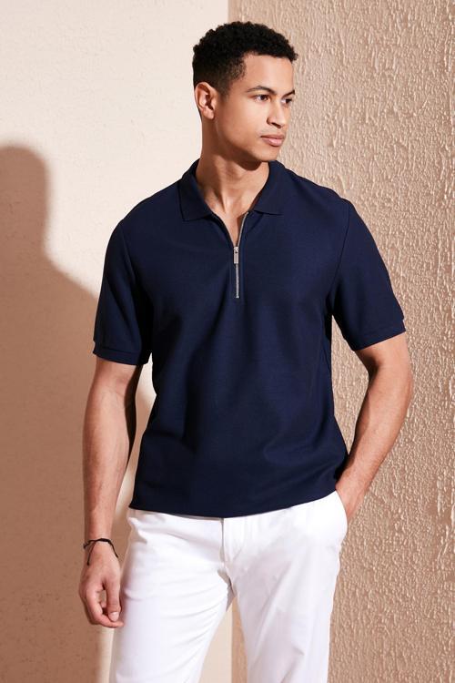 Pamuklu Regular Fit Fermuarlı Erkek Polo Yaka T Shirt 5902434 İNDİGO
