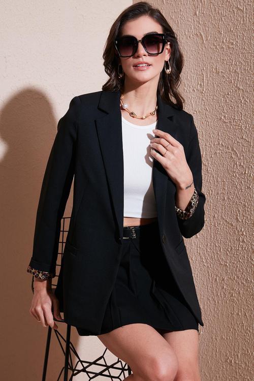 Standart Fit Mono Yaka Desenli Astar Detaylı Blazer Bayan Ceket 6524003 SİYAH