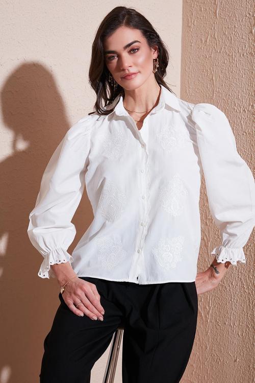 Pamuklu Slim Fit Nakışlı Balon Kol Bayan Gömlek 676208 EKRU
