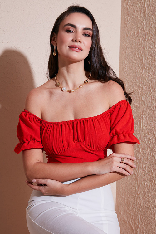 Regular Fit Madonna Yaka Bağlama Detaylı Crop Bayan Bluz 6527017 NAR ÇİÇEĞİ