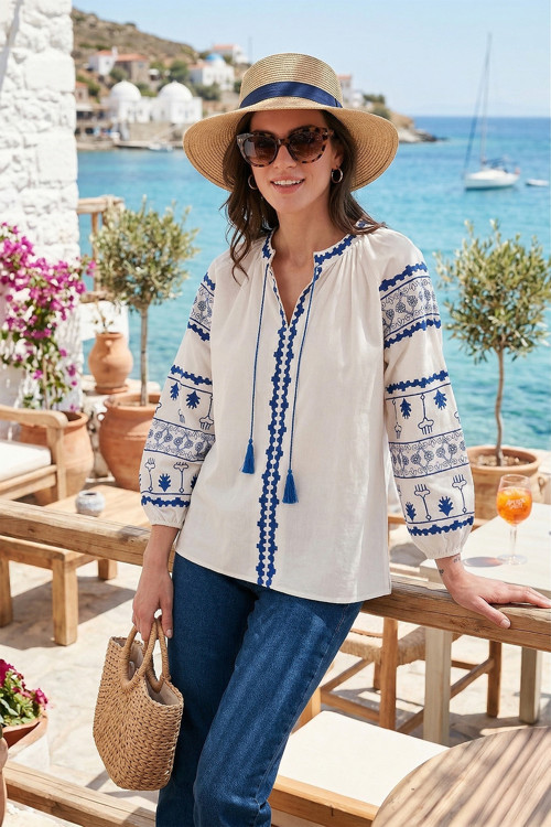 Nakış İşlemeli Pamuklu Oversize Fit Bağlamalı V Yaka Bayan Bluz 676271 EKRU