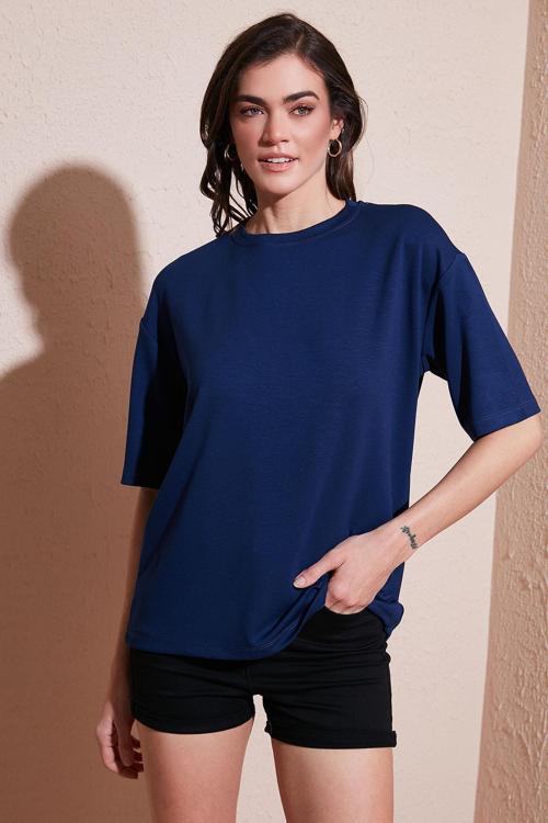 Streç Oversize Fit Bisiklet Yaka Bayan T Shirt 5865911 LACİVERT