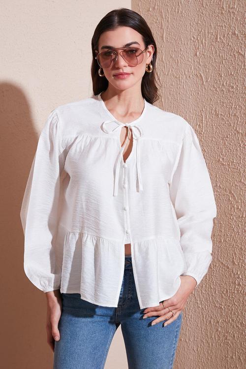 Oversize Fit Balon Kol Bağlamalı Yaka Detaylı Bayan Gömlek 6772618 BEYAZ