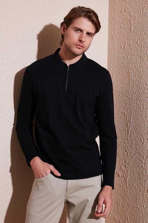 Pamuklu Slim Fit Yarım Fermuarlı Polo Yaka Erkek Sweat 5903010 SİYAH