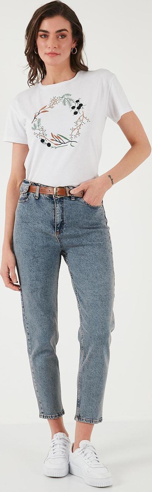 Pamuklu Standart Fit Yüksek Bel Dar Paça Kemerli Kot Bayan Pantolon 668YP4475 MAVİ