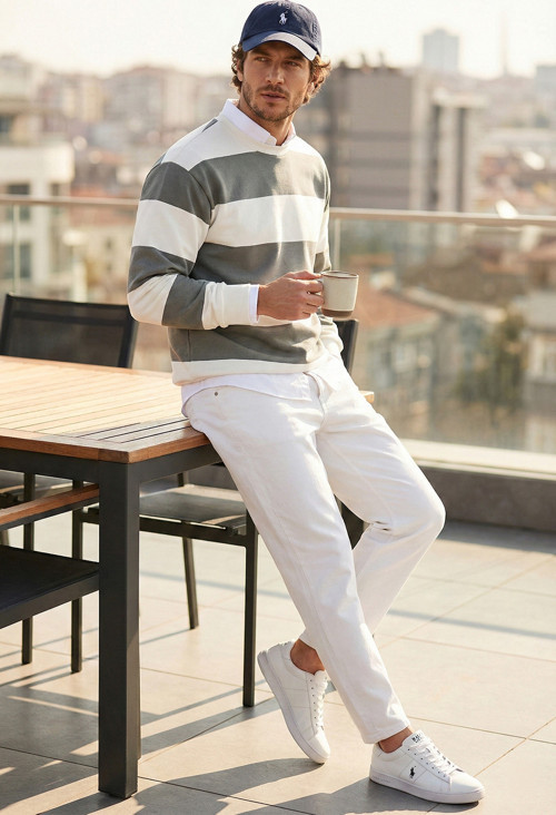 Pamuklu Çizgili Regular Fit Bisiklet Yaka Erkek Sweat 5905790 AÇIK HAKİ