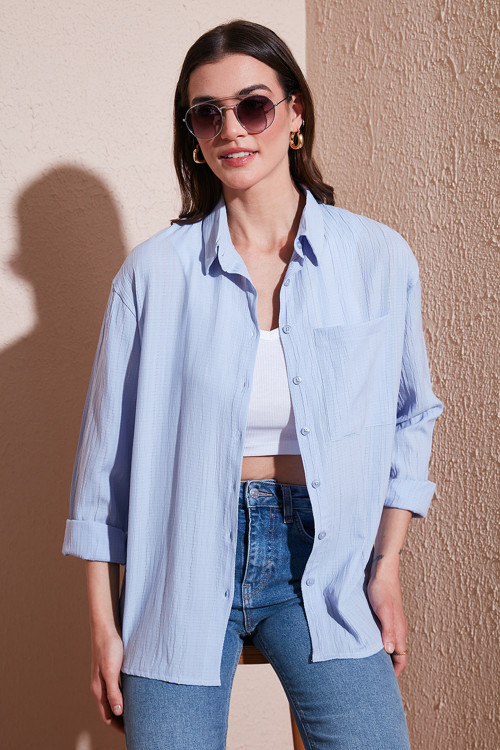 Regular Fit Tek Cepli Önü Kısa Arkası Uzun Krinkıl Bayan Gömlek 6772752 BEBE MAVİ