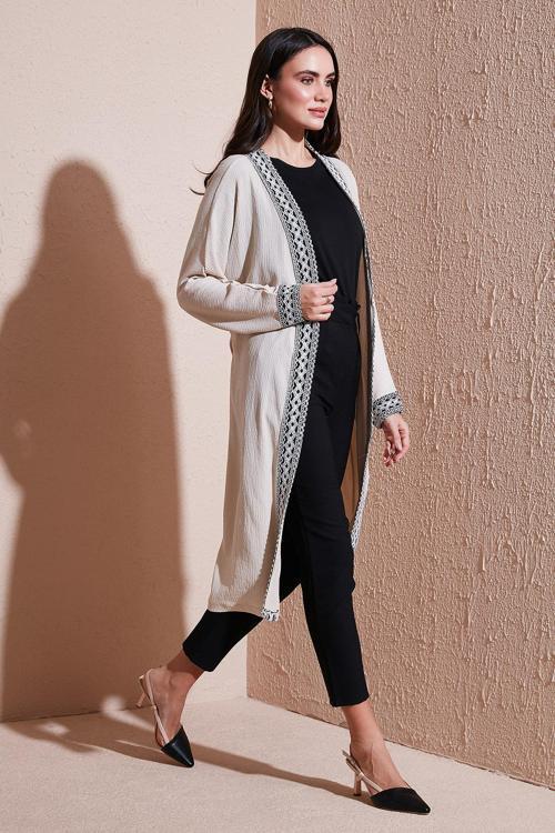Modest Regular Fit Bağlamalı Nakışlı Tesettür Uzun Kimono Bayan Hırka 5866173 TAŞ