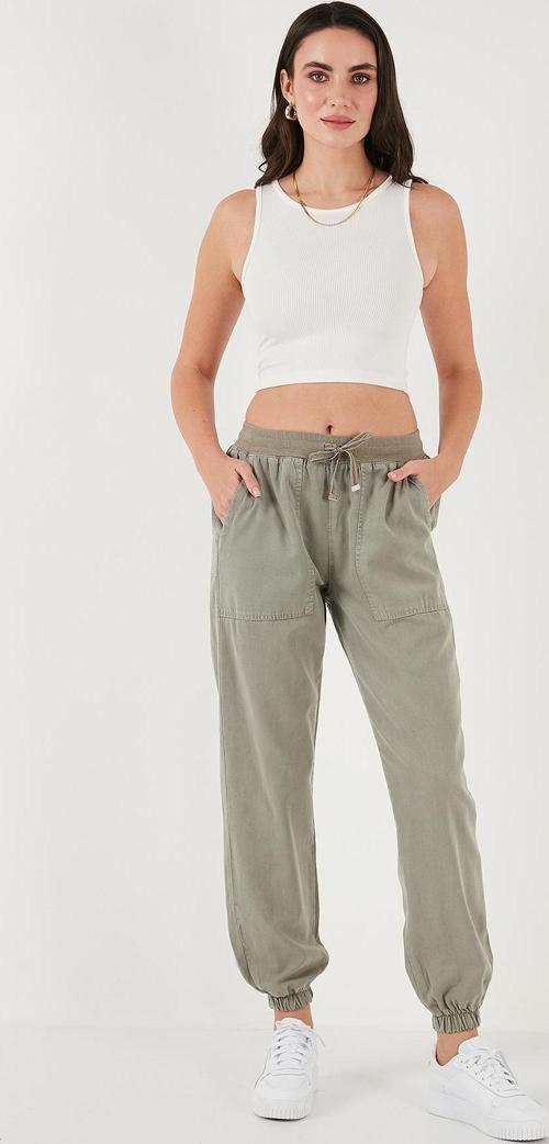 Regular Fit Yüksek Bel Lastikli Paça Jogger Spor Bayan Pantolon 668YP5039 HAKİ