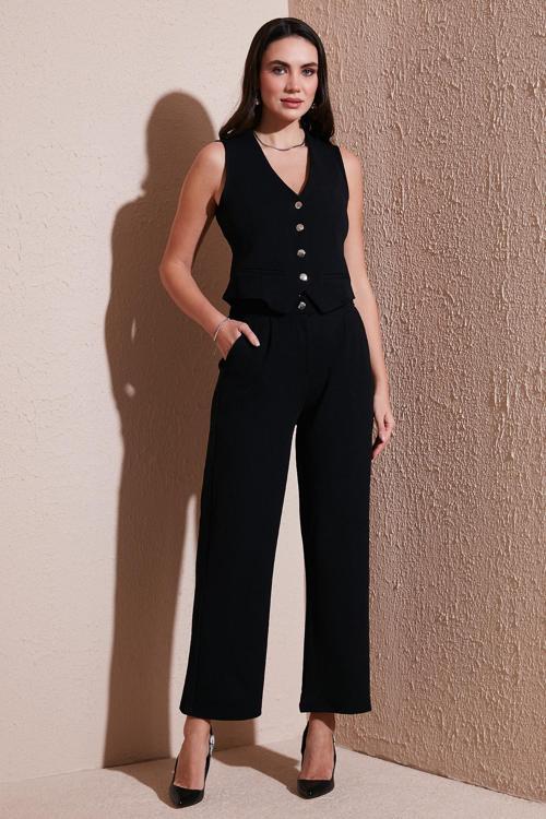 Regular Fit Yüksek Bel Bol Paça V Yaka Yelekli Bayan Takım 5866199 SİYAH