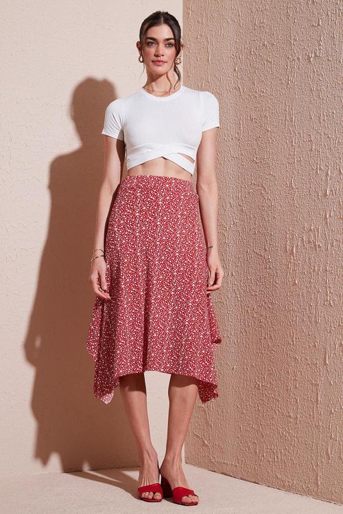 Desenli Volanlı Midi Boy Bayan Etek 5869010 KIRMIZI