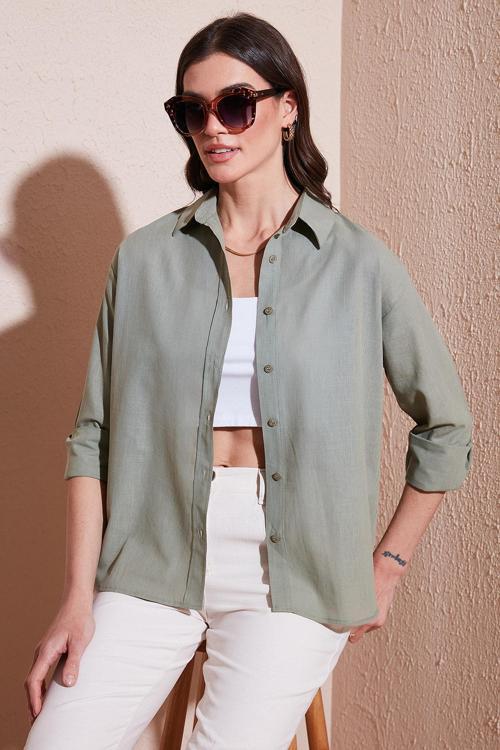 Keten ve Pamuk Karışımlı Regular Fit Önü Kısa Arkası Uzun Bayan Gömlek 6772853 HAKİ