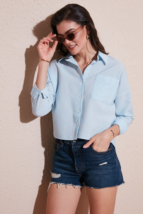 Regular Fit Çizgili Göğüs Cepli Dokulu Bayan Gömlek 6772870 BEBE MAVİ