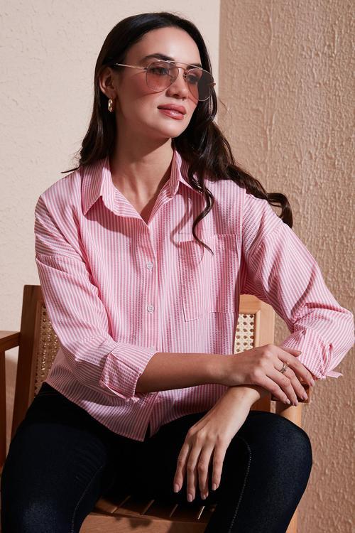 Regular Fit Çizgili Göğüs Cepli Dokulu Bayan Gömlek 6772870 Şeker Pembe