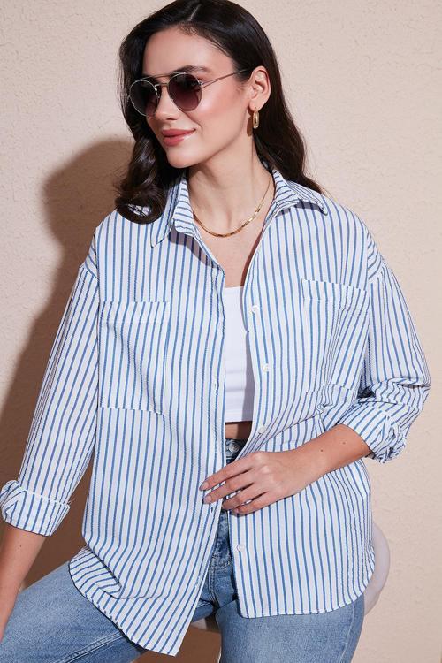 Regular Fit Uzun Kollu Çizgili Bayan Gömlek 6772875 İNDİGO