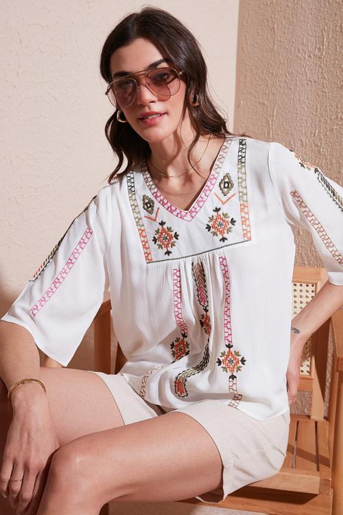 Pamuklu Regular Fit Nakış İşlemeli Bayan Bluz 611BZ0247 EKRU-FUŞYA