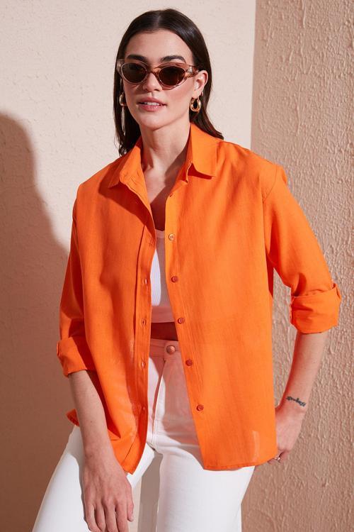 Keten ve Pamuk Karışımlı Regular Fit Önü Kısa Arkası Uzun Bayan Gömlek 6772853 ORANJ