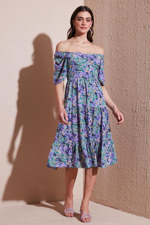 Desenli Oversize Fit Carmen Yaka Büzgü Detaylı Midi Boy Bayan Elbise 6782169 MOR