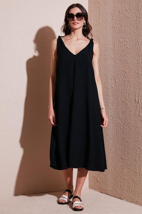 Oversize Fit V Yaka Midi Boy Basic Bayan Elbise 6788688 SİYAH