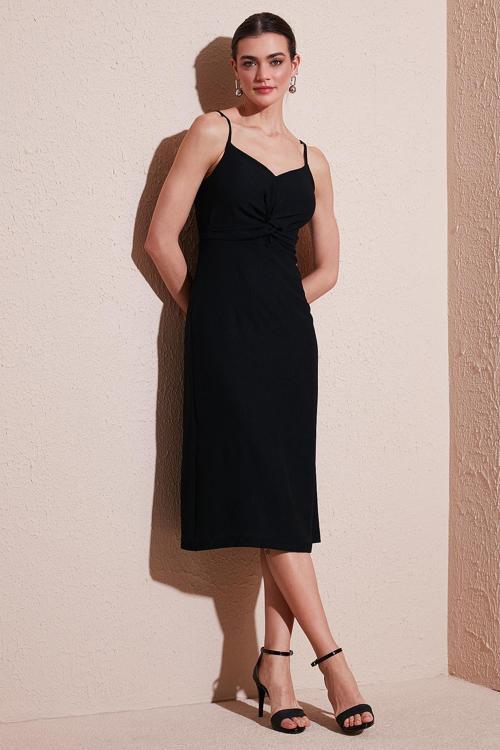 Büzgü Detaylı Regular Fit V Yaka Midi Boy Bayan Elbise 6788886 SİYAH