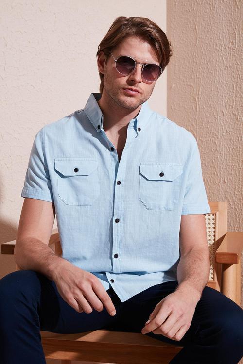 Düğmeli Yaka Pamuklu Slim Fit Cepli Erkek Gömlek CF21S111153 AÇIK MAVİ