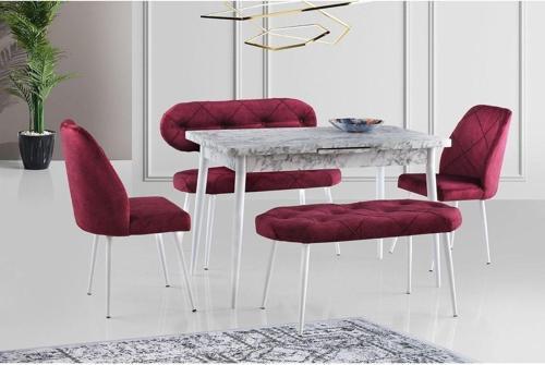 Ay Masa Ve Sandalye Bench Takımı, Fuşya Beyaz, 120x70