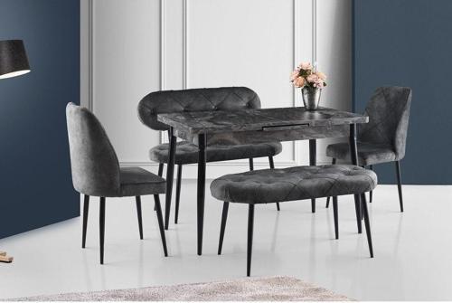 Ay Masa Ve Sandalye Bench Takımı, Gri Siyah, 120x70