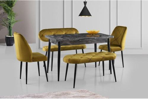 Ay Masa Ve Sandalye Bench Takımı, Hardal Siyah, 120x70