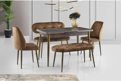Ay Masa Ve Sandalye Bench Takimi, Kahve Gold, 120x70