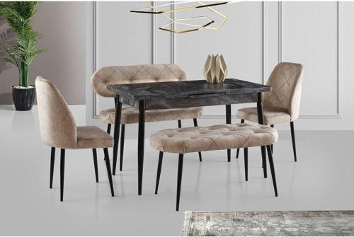 Ay Masa Ve Sandalye Bench Takımı, Krem Siyah, 120x70