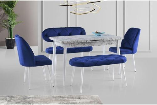 Ay Masa Ve Sandalye Bench Takımı, Lacivert Beyaz, 120x70