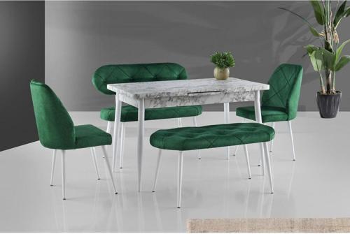 Ay Masa Ve Sandalye Bench Takimi, Yeşil Beyaz, 120x70