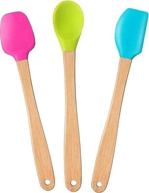 3 lü Bambu Spatula Seti 21 cm Silikon Uçlu Isıya Dayanaklı Çizmez Renkli Kaşık Fırça Spatula Set