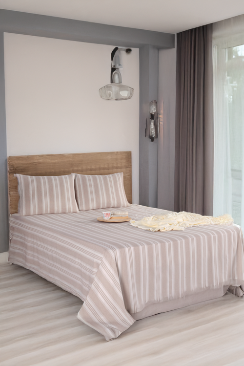 Sport Çizgili Çarşaf + Yastık Kılıfı  Seti Çift Kişilik Soft Line Bej