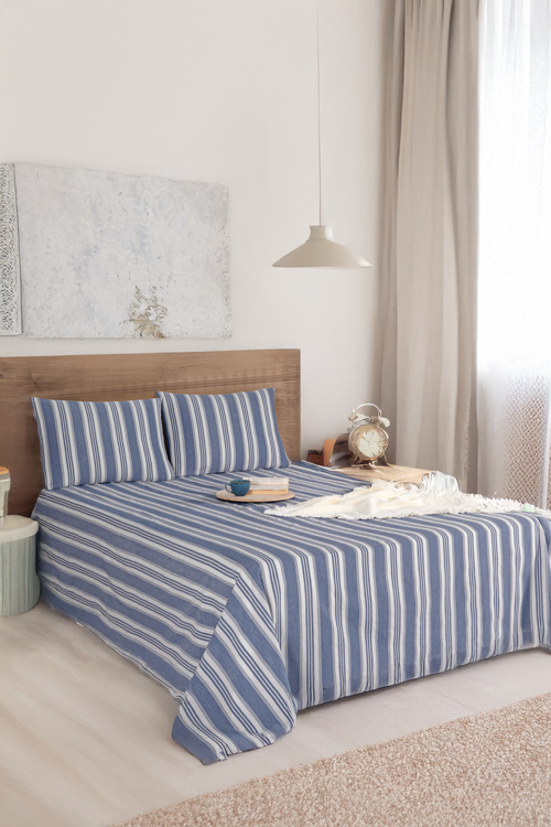 Sport Çizgili Çarşaf + Yastık Kılıfı  Seti Çift Kişilik Soft Line Lacivert