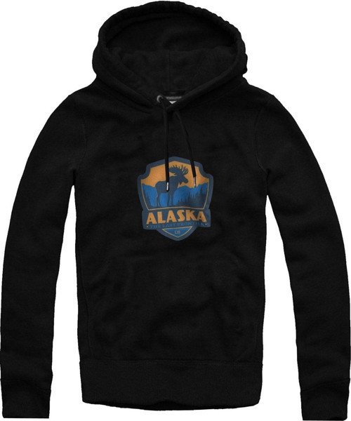 Alaska Baskılı Saf Pamuk Rahat Kalıp Kapüşonlu Unisex Sweatshirt--Siyah--