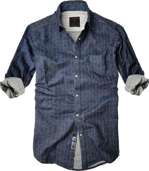 Gulf Bırd Slim Fit Saf Pamuk Denim Kumaş Kot Gömlek--Koyu Çizgi--