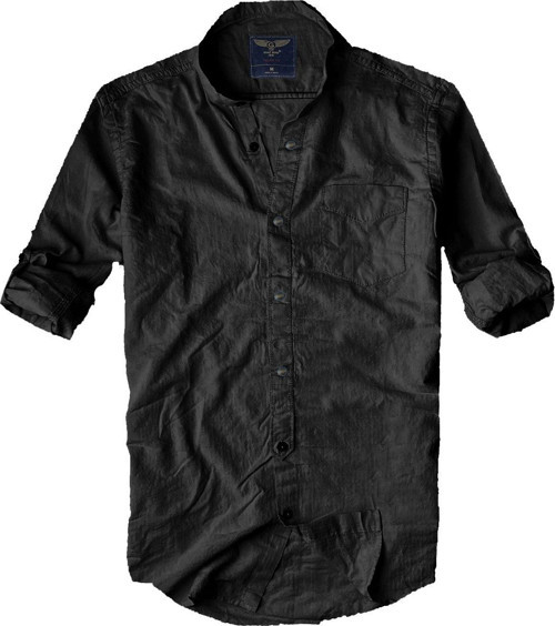 Slim Fit %100 Pamuk Kumaş Hakim Yaka Uzun Kol Gömlek--Düz Siyah--