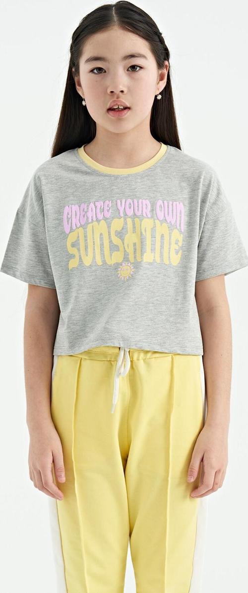 Gri Melanj Renkli Yazı Baskılı O Yaka Oversize  Kısa Kollu Kız Çocuk T-Shirt - 75111