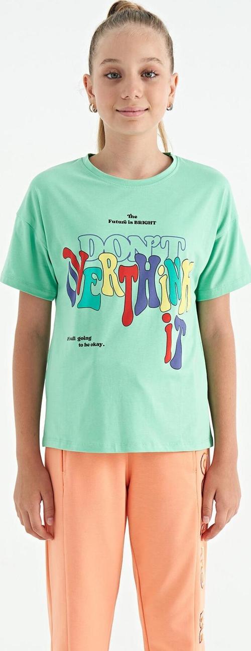 Su Yeşili Renki Yazı Baskılı O Yaka Oversize Kısa Kollu Kız Çocuk T-Shirt - 75112