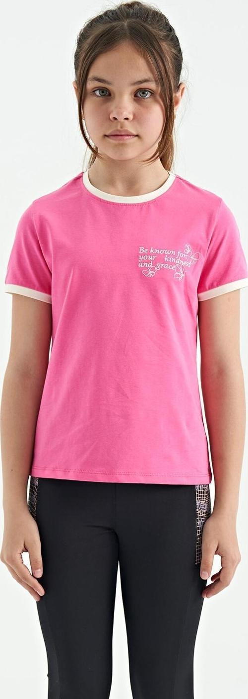 Şeker Pembe Minimal Yazı Baskılı O Yaka Rahat Form Kısa Kollu Kız Çocuk T-Shirt - 75110