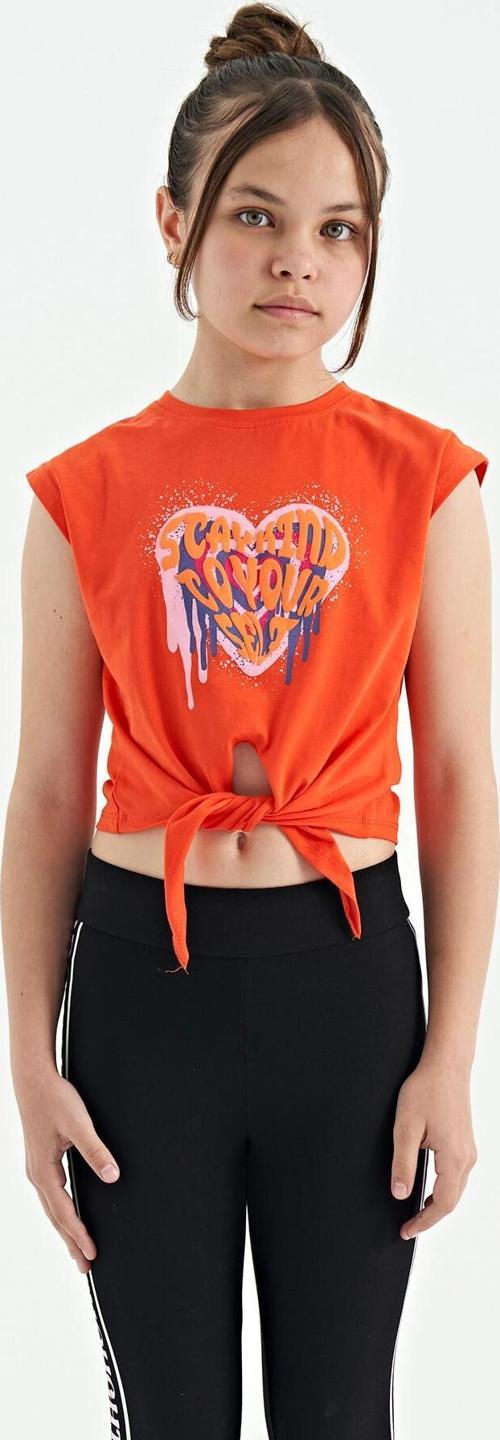 Portakal Kalp Baskılı Ön Düğüm Detaylı Rahat Form Kız Çocuk T-Shirt - 75114
