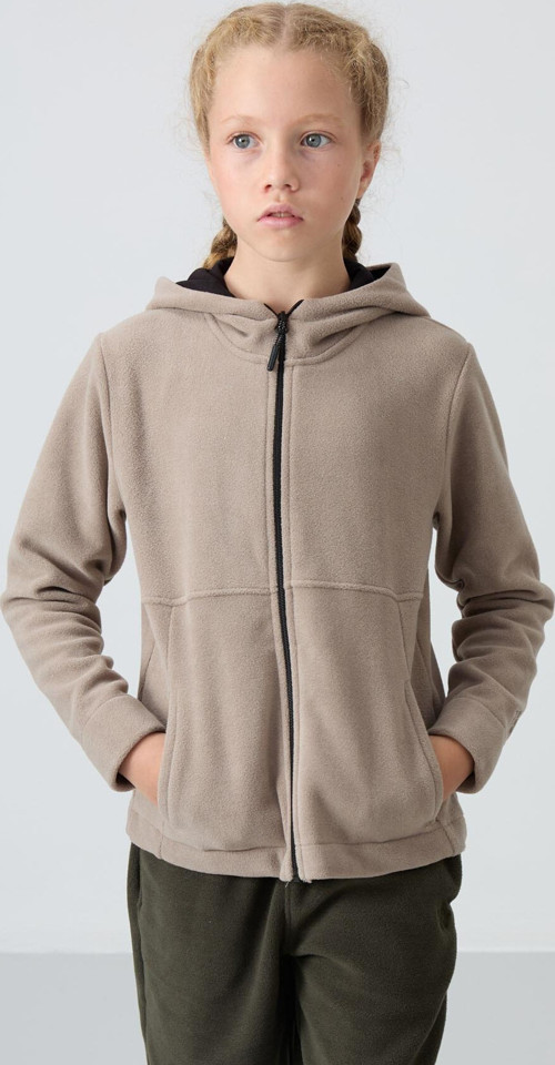 Koyu Bej Kalın Yumuşak Dokulu Standart Fit Nakışlı Polar Kız Çocuk Sweatshirt - 75152