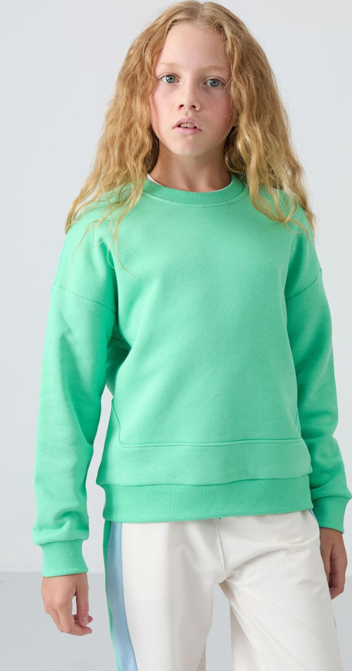 Su Yeşil Pamuklu İçi Tüylü Yumuşak Dokulu Oversize Nakışlı Kız Çocuk Sweatshirt - 75150