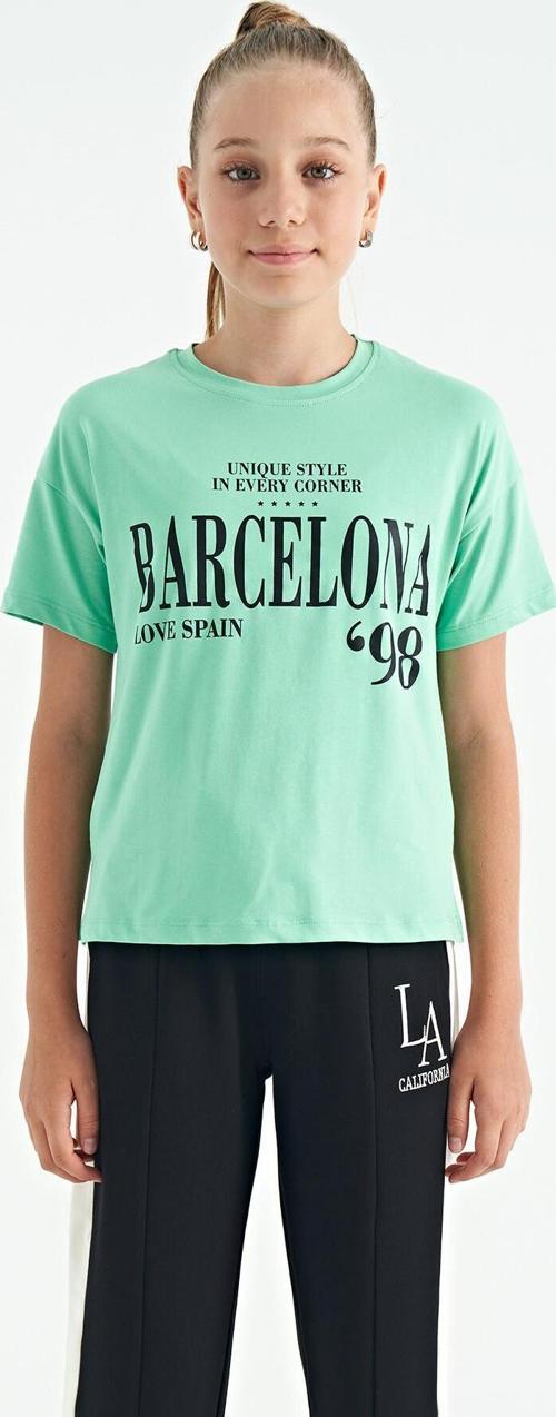 Su Yeşili O Yaka Yazı Baskılı Düşük Omuz Oversize Kız Çocuk T-Shirt - 75115