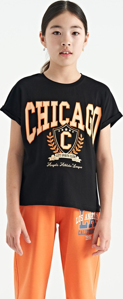 Siyah O Yaka Düşük Omuzlu Rahat Form Kısa Kollu Kız Çocuk T-Shirt - 75128