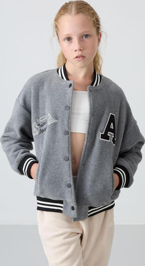Gri Melanj Kalın Yumuşak Dokulu Standart Fit Nakışlı Polar Kız Çocuk Kolej Ceket - 75156