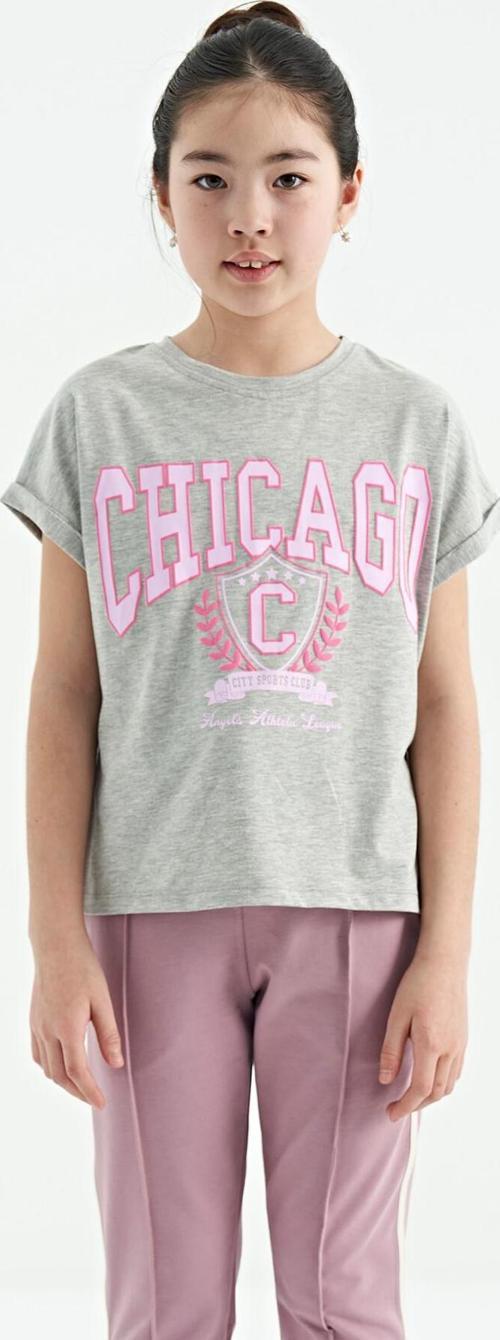 Gri Melanj O Yaka Düşük Omuzlu Rahat Form Kısa Kollu Kız Çocuk T-Shirt - 75128