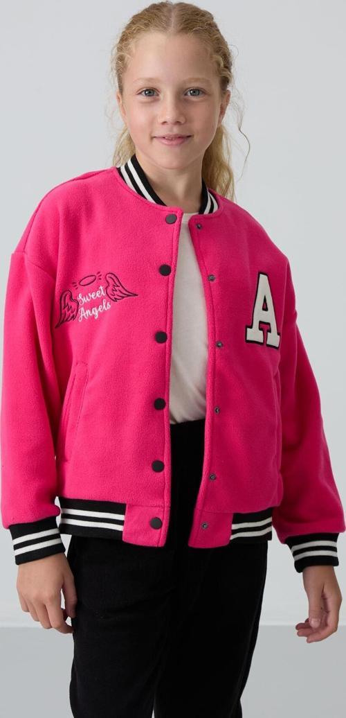 Fuşya Kalın Yumuşak Dokulu Standart Fit Nakışlı Polar Kız Çocuk Kolej Ceket - 75156