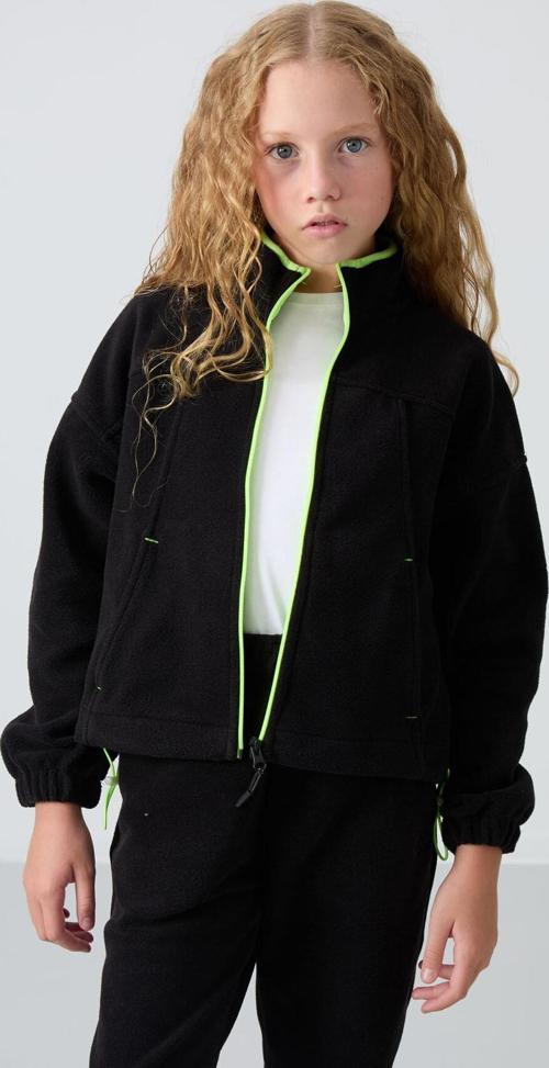 Siyah Kalın Yumuşak Dokulu Standart Fit Nakışlı Polar Kız Çocuk Sweatshirt - 75157